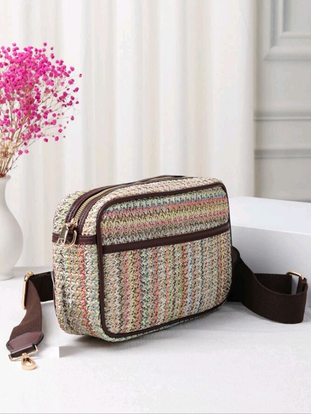 NWT Multicolor Straw Camera Crossbody Bag